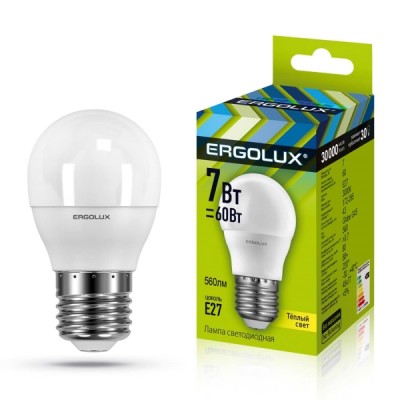 Ergolux LED-G45-7W-E27-3000K (7Вт=60Вт.,172-265V, шар)